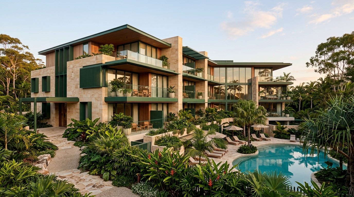 Contemporary hotel architecture surrounded by subtropical landscaping