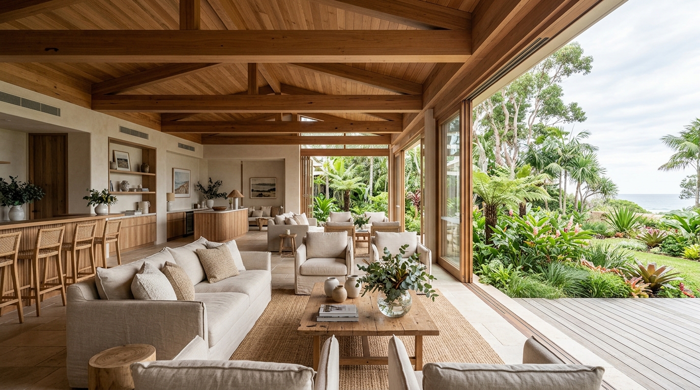 Relaxed hotel lounge opening to subtropical gardens