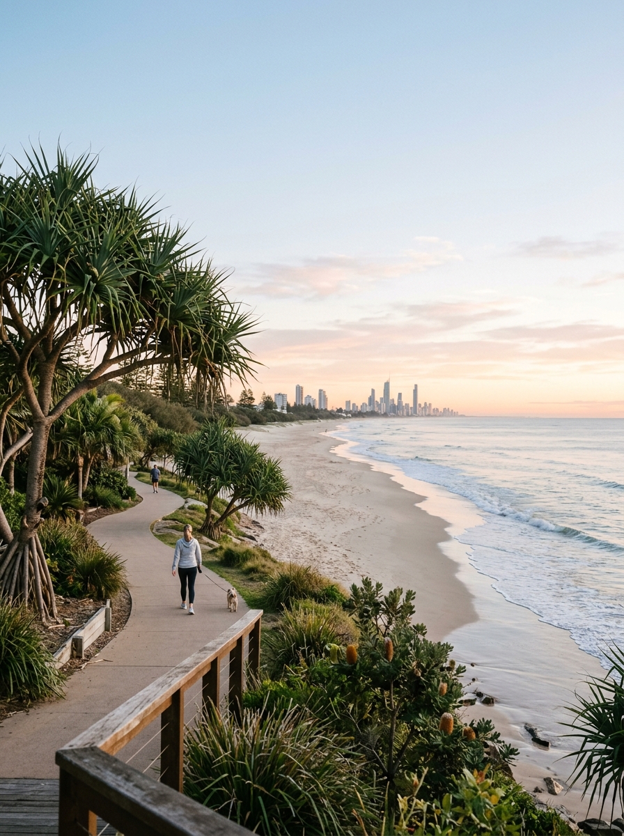 Broadbeach coastline with sandy beach and coastal walking path