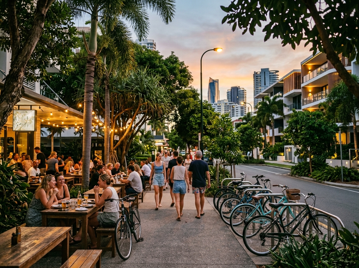 Leafy Broadbeach streetscape with outdoor cafe seating