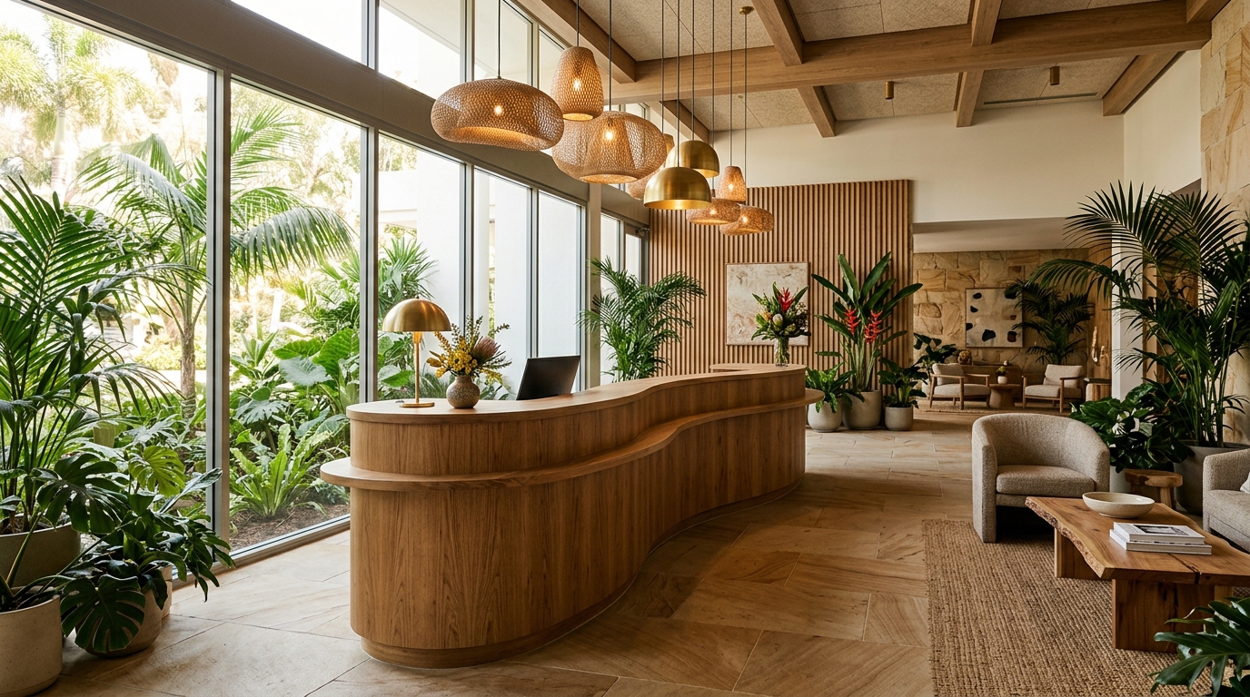 Warm hotel lobby and reception with timber, stone and tropical greenery