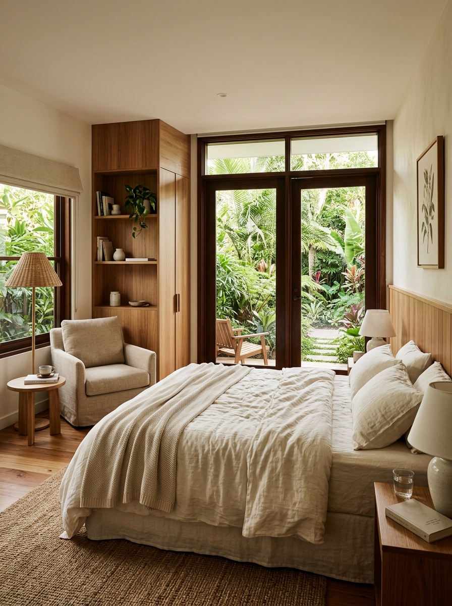 Garden King Room with warm timber interiors and leafy outlook