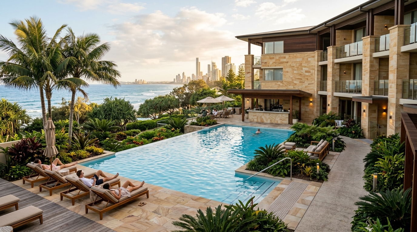 Modern Gold Coast hotel with sandstone architecture, pool and tropical landscaping