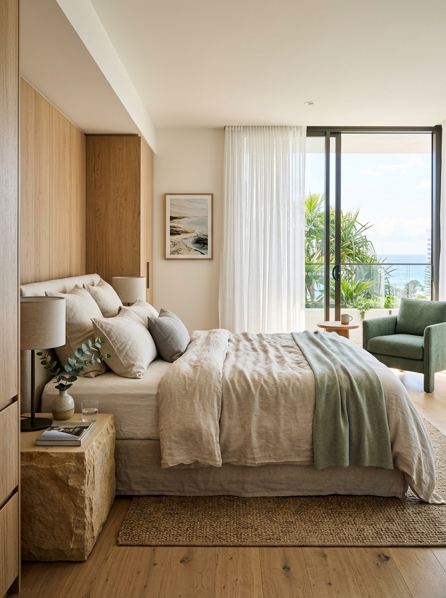 Warm contemporary hotel room with natural materials and coastal colours