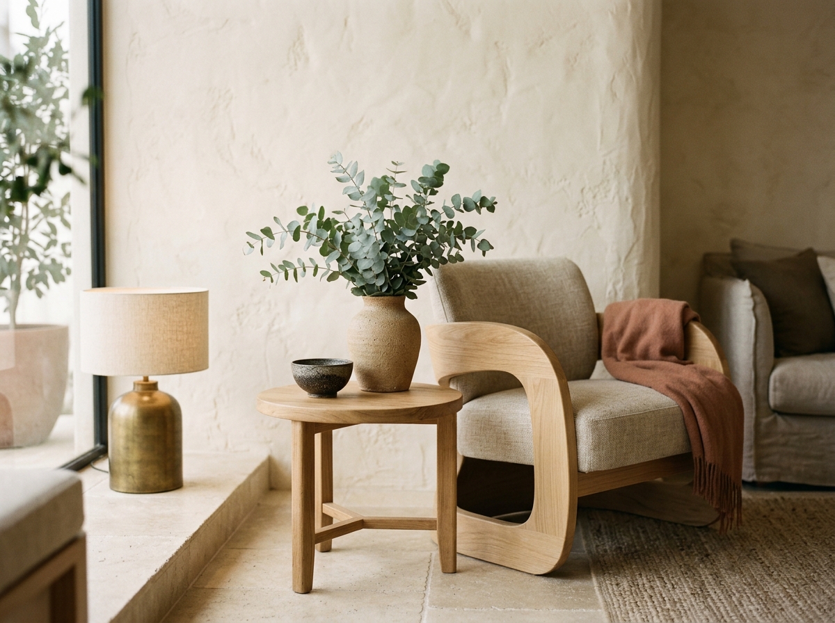 Quiet lounge corner with sculptural furniture and natural textures