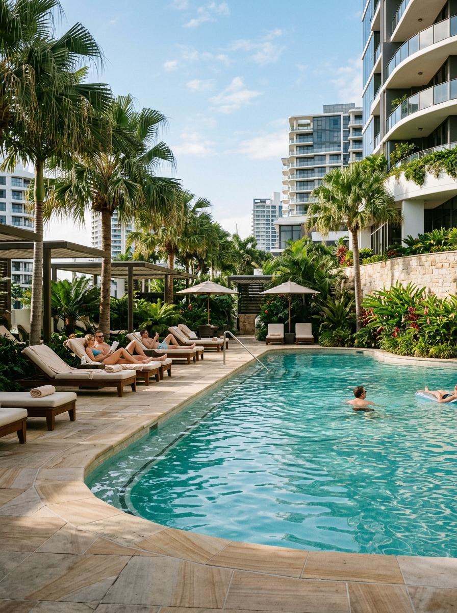 Outdoor hotel pool with tropical landscaping and sandstone deck