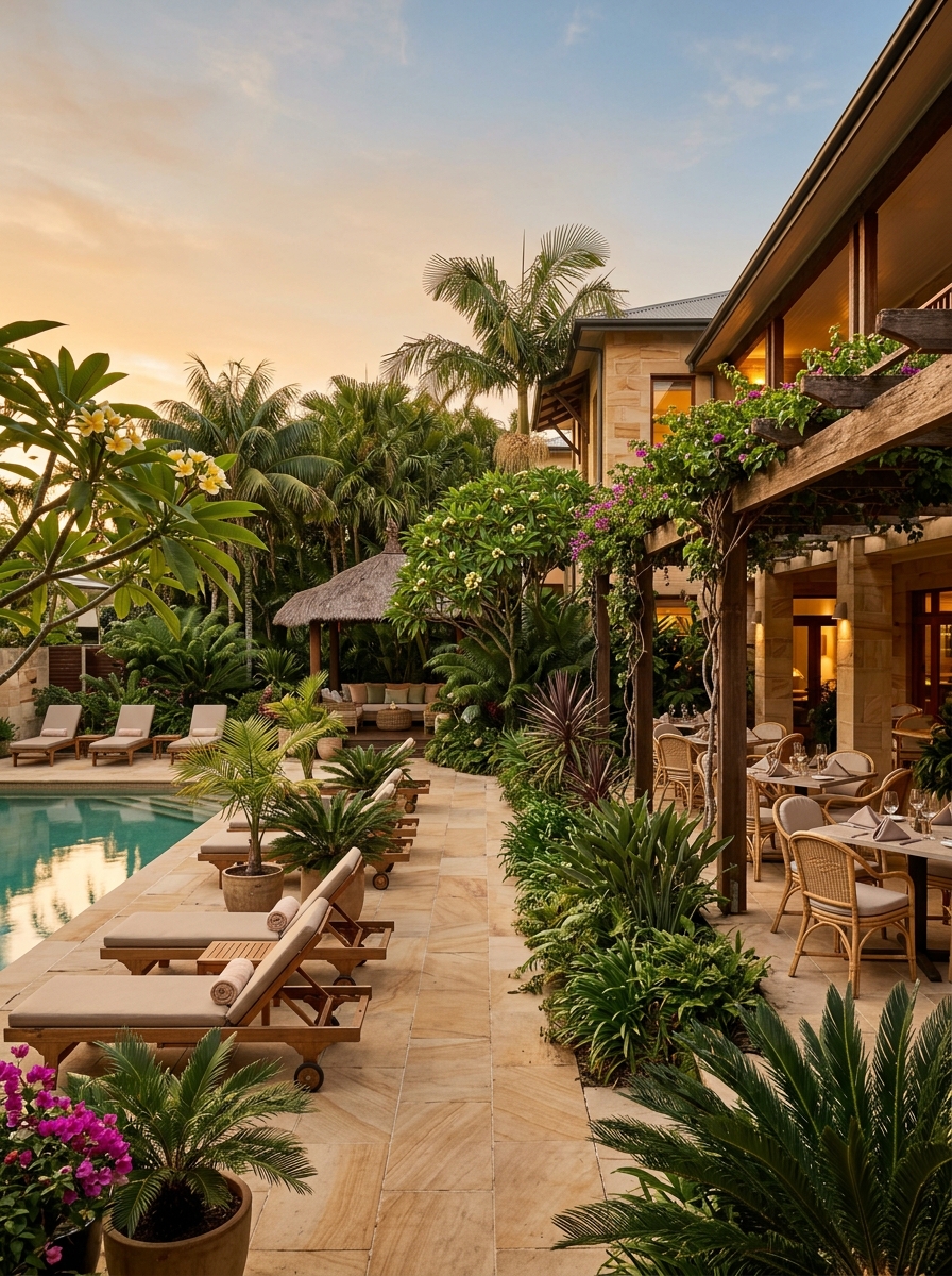 Hotel courtyard linking pool, dining terrace and lounge spaces