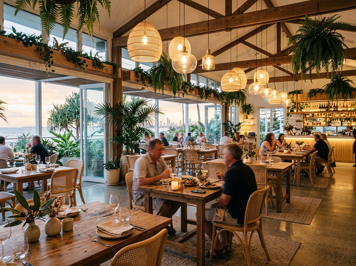 Contemporary restaurant with timber furniture and warm lighting